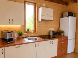 a kitchen with a sink and a refrigerator at Morenowa Dolina Rusinowo in Rusinowo +59 photos