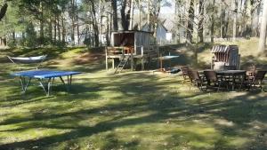 a picnic table and chairs and a grill in the grass at Haus Eichenkrone in Bodstedt