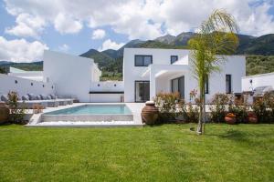 a white house with a swimming pool in a yard at Amalfi Twins Villa in Nydri