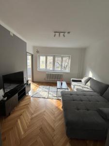 a living room with a couch and a television at Sweet Escape Pécs in Pécs