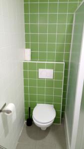 W wyłożonej zielonymi kafelkami łazience znajduje się toaleta i umywalka. w obiekcie Mari Kiri Penzion w Bratysławie