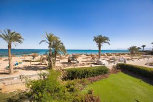 a view of a beach with palm trees and the ocean at 3BR Beach Front Chalet On RedSea in Ain Sokhna