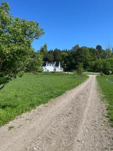 a dirt road in a field with a house in the background at Landskaptsutsikt in Stallarholmen +7 photos