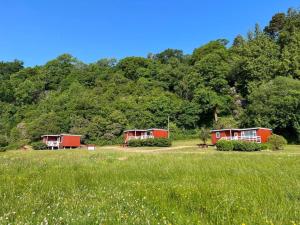 a group of cottages in a field with trees at Lochead Chalet 2 in Lochgilphead