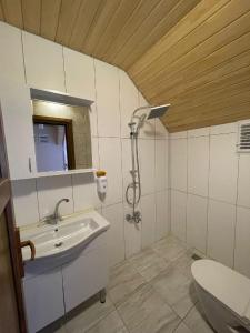 a bathroom with a shower and a sink and a toilet at Nirvana Suite Hotel in Uzungöl +19 photos