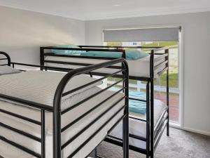 two bunk beds in a room with a window at Spotted Gum -Merrijig in Merrijig