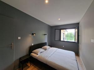 a bedroom with a large bed with a window at Maison du Bord du Rhône in Saint-Pierre-de-Boeuf
