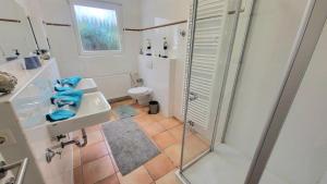 a bathroom with a shower and a sink and a toilet at Ferienhaus Friedrich-Borge-Straße in Kühlungsborn