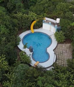 an overhead view of a swimming pool in a backyard at Raghav Sarkar Parisar in Indore