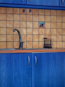 a kitchen counter with a sink and blue cabinets at Casa Fabrica in Ano Syros +29 photos