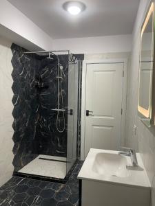 a bathroom with a shower with a sink and a shower at Soho Studio Fial in Bacău +9 photos
