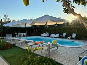 a pool with an umbrella and chairs and a table at Matera Villa Mater in Matera