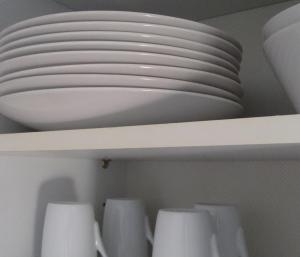 a stack of white plates on a shelf in a refrigerator at Ferienwohnung findus in Haldenwang