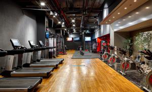 a gym with rows of treadmills and exercise bikes at The G Hotels Istanbul in Istanbul