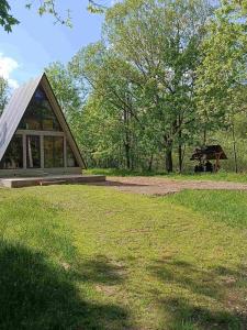 a house with a large yard with a grassy field at A-frame family in Prokurava