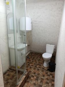 a bathroom with a toilet and a shower and a sink at A-frame family in Prokurava