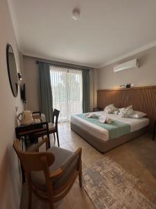 ein Schlafzimmer mit einem Bett, einem Schreibtisch und einem Stuhl in der Unterkunft Avlu Hotel in Kemer