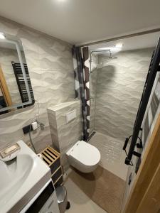 a bathroom with a toilet and a sink and a shower at Grant City Loft in Kaunas