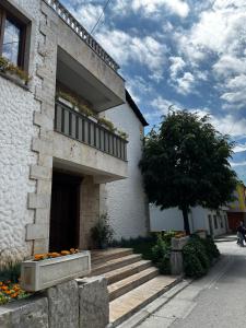 a building with stairs and a tree in front of it at Oda Kuksit Hotel in Kukës +17 photos