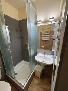 a bathroom with a shower and a sink and a toilet at Dom Goscinny Jawor Czarnypotok in Krynica Zdrój +80 photos