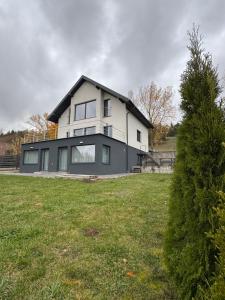 a large white house with a tree in a yard at Willa Hańcza 1 in Kleszczówek