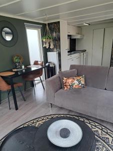 a living room with a couch and a table at Camping de Zandhorst, Chalet Madera in Wouterswoude +3 photos