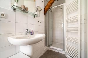 a white bathroom with a sink and a shower at Bolter Mühle - DZ Hanfbuchte in Rechlin