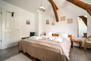 a bedroom with a large bed with white walls at Bolter Mühle - DZ Hanfbuchte in Rechlin