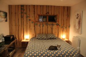 a cat laying on a bed in a bedroom at La Belle Tençoise in Tence