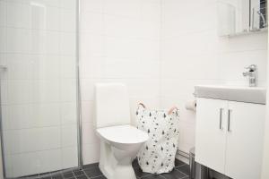 a white bathroom with a toilet and a sink at Apartments Lund in Lund +12 photos