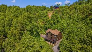 an aerial view of a house in the middle of a forest at A Tree Top View home in Gatlinburg