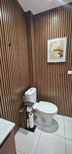 a bathroom with a toilet and a picture on the wall at logement ensoleillé in Cardet +15 photos