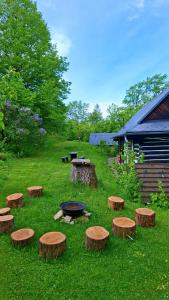 a group of logs sitting in the grass with a grill at Zenovna - Roubená chaloupka in Krásná