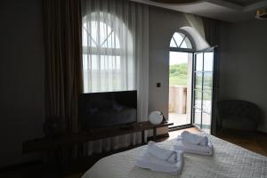 a bedroom with a bed and a tv and a window at Djordjevic Estate Winery in Lapovo +11 photos