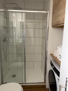a glass shower in a bathroom with a toilet at Gambetta in Rethel