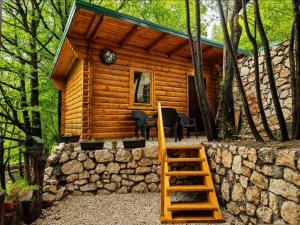 a log cabin with a staircase in front of it at Brvnara Nido in Cetinje
