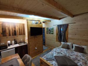a bedroom with a bed and a television in a cabin at Brvnara Nido in Cetinje