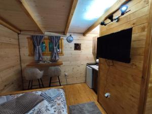 a small room with a television and a kitchen at Brvnara Nido in Cetinje