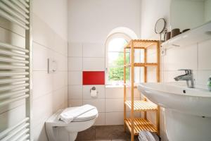 a bathroom with a sink and a toilet and a window at Hotel Bolter Mühle - DZ Mohnbuchte in Rechlin +19 photos