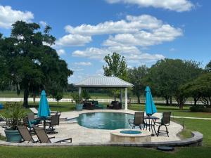 a pool with chairs and umbrellas and a gazebo at Cozy Luxury Cottage in Alachua