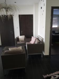 a living room with two couches and a potted plant at le jasmin in El Achour