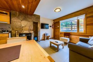 a living room with a couch and a fireplace at Del Sauco Apart & Spa in San Martín de los Andes