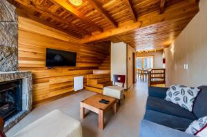 a living room with a couch and a fireplace at Del Sauco Apart & Spa in San Martín de los Andes
