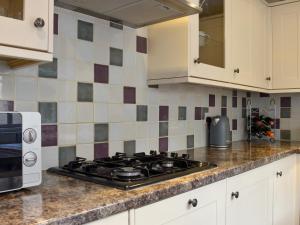 a kitchen with a stove and a microwave at Old Town Cottage in Sidmouth