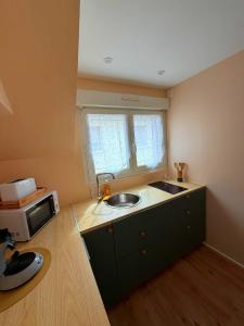 a small kitchen with a sink and a microwave at Studio LS - Plage, falaise, Funiculaire, in Le Tréport