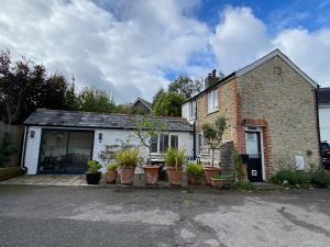 a brick house with potted plants in front of it at Hidden Gem - Charmouth Dorset in Charmouth