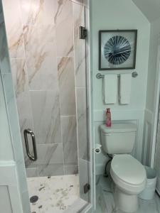 a bathroom with a toilet and a shower with a glass door at Deluxe Farm Studio Apt with Pool View in Alachua