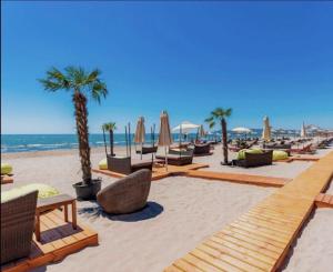 a beach with chairs and palm trees and the ocean at Paradise Apartment Radhime in Radhimë
