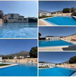 a collage of four pictures of a swimming pool at Ca Salvadora in Beniarrés
