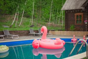 a pink inflatable swan in a pool next to a cabin at El Rancho De Stayki in Stayki